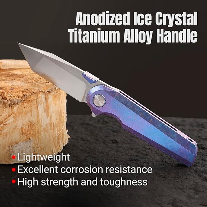 ioko Pocket Folding Knife with Titanium Alloy Handle S35VN Steel Blade Ice Crystal Anodized Finish 2.9 Inch Blade EDC Camping Hiking Outdoor (blue-purple)