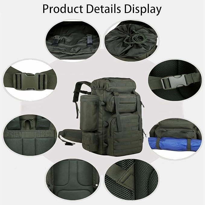 70L Military Tactical Backpack Waterproof Hiking Rucksack 3 Day Bug Out Bag Outdoor Camping Pack Army Green