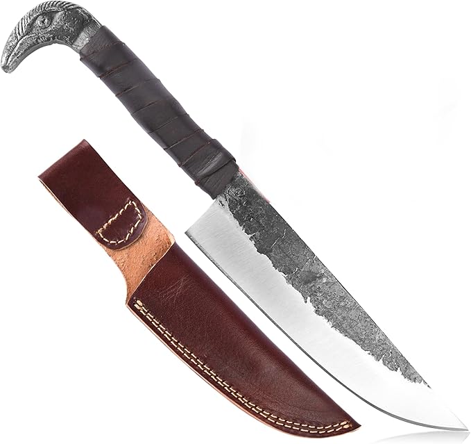 Odin's Raven Norse Viking-styled Knife 10.3 - Hand Forged 6.5 Carbon Steel Blade Raven's Head Hilt and Leather Sheath - Unique Medieval Seax Style - Norse Knife for Hunting &amp Camping