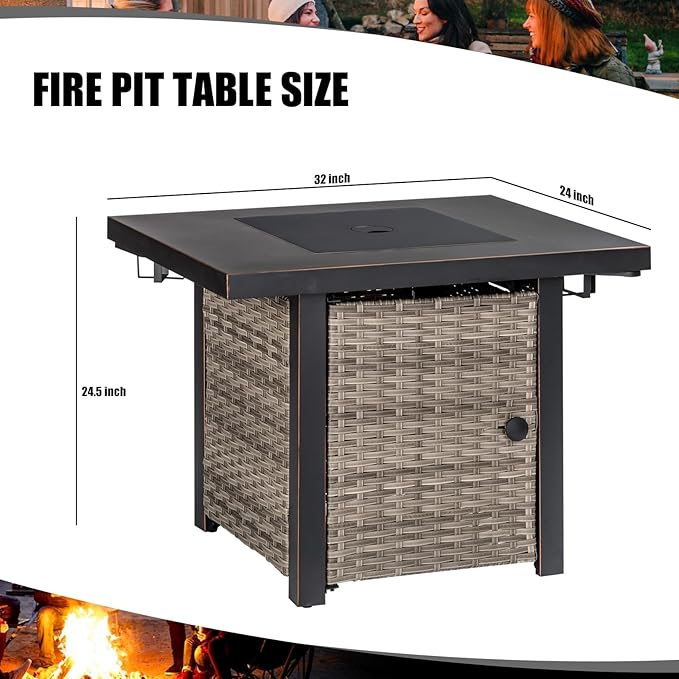 OutVue 32 Inch Propane Fire Pit Table Outdoor Gas Fire Pits with 2 Drink Holders Lid &amp Lava Rock 50000 BTU Firepit Table for Dinning Party in Outside Patio Garden or Yard