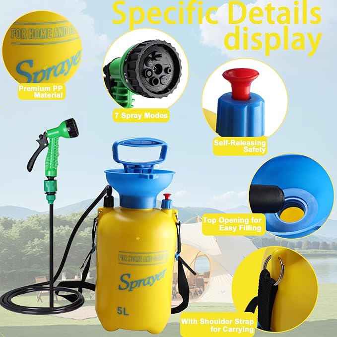 Finderomend Portable Shower for Camping with 7 Spray Modes Hand Press Camping Shower with Removable Hose and Shower HeadPressure Rinse Kits for Hiking Traveling Garden Beach Pet Shower