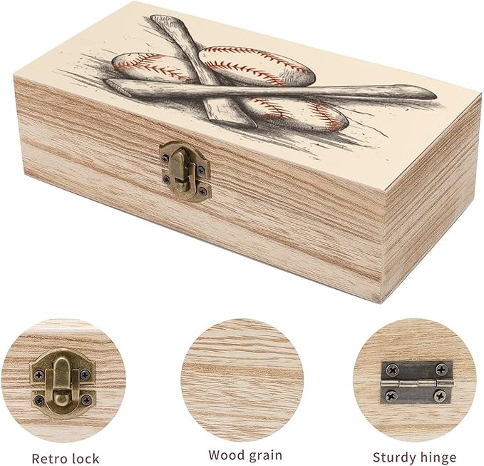 Decorative Wooden Storage Box with LidsBaseball Bats And Ball Print Wooden BoxWooden Gift Boxes for KeepsakeJewelry And Home Decoration