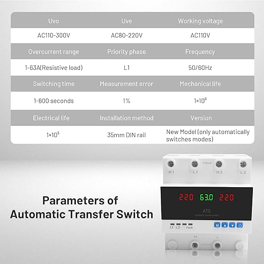Automatic Transfer Switch 63A 110V/220V Dual Power Selector for Generator &amp Backup Inverter L1 Priority DIN Rail MountATS Adjustable Emergency Power Switch with Guide Rail(110V and 220V Availa