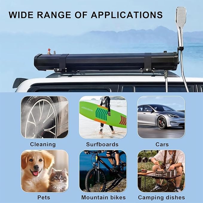 Portable Solar Heated Camping Shower with Pressurized Tank and Hose Showerhead for Outdoor Adventures Car Washing and Pet Care