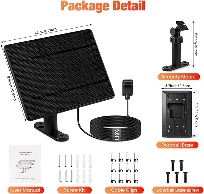 Solar Charger Only Compatible with Battery Doorbell (Type-C Port) Waterproof Continuously Solar Panel Adjustable Panel