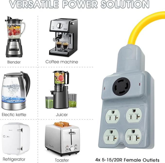 240V to 120V Adapter Generator Plug NEMA L14-30P to L14-30R and 4 Port 5-20R/5-15R 4 Prong Twist Lock 30 Amp Male Plug to Female Receptacle for RV Workshop Outdoor Activity (Gray)