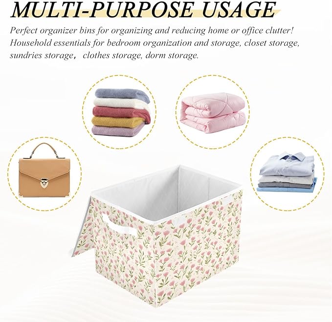 MNSRUU Containers Baskets with Lids Pink Flower Fabric Foldable Storage Bins Organizer with Lid Collapsible Storage Boxes for Home Bedroom Closet Office