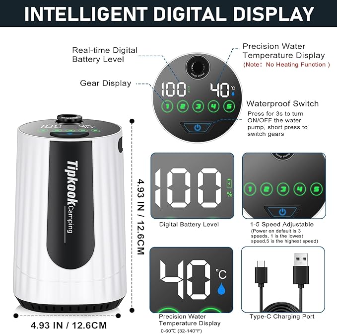Portable Shower for Camping Essentials: 10000mAh Rechargeable Battery Powered Shower IPX8 Waterproof Camp Shower Pump 5-Speed Outdoor Shower with LED Display Camping Gifts for Men Dog Bath Hiking