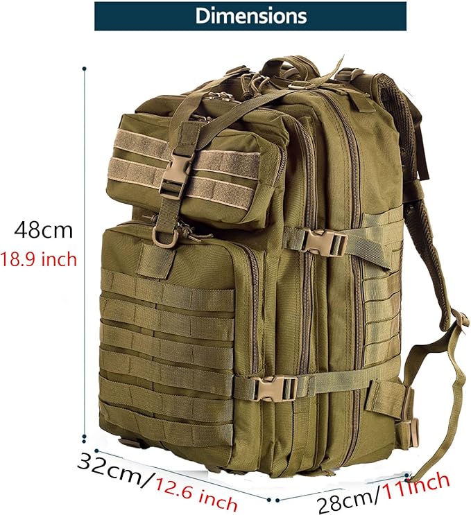 50L Sturdy Nylon Waterproof Fishing Hunting Backpack Outdoor Military Rucksacks Tactical Sports Camping Hiking Bags (Khaki)