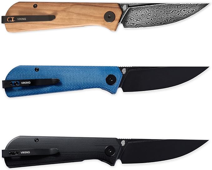 Petrified fish Pocket Knife PFP07 Viking 3.62 Damascus Steel Blade 3.95oz Olivewood Handle Front Flipper Liner lock Folding knife (Olivewood &amp Damascus Steel)
