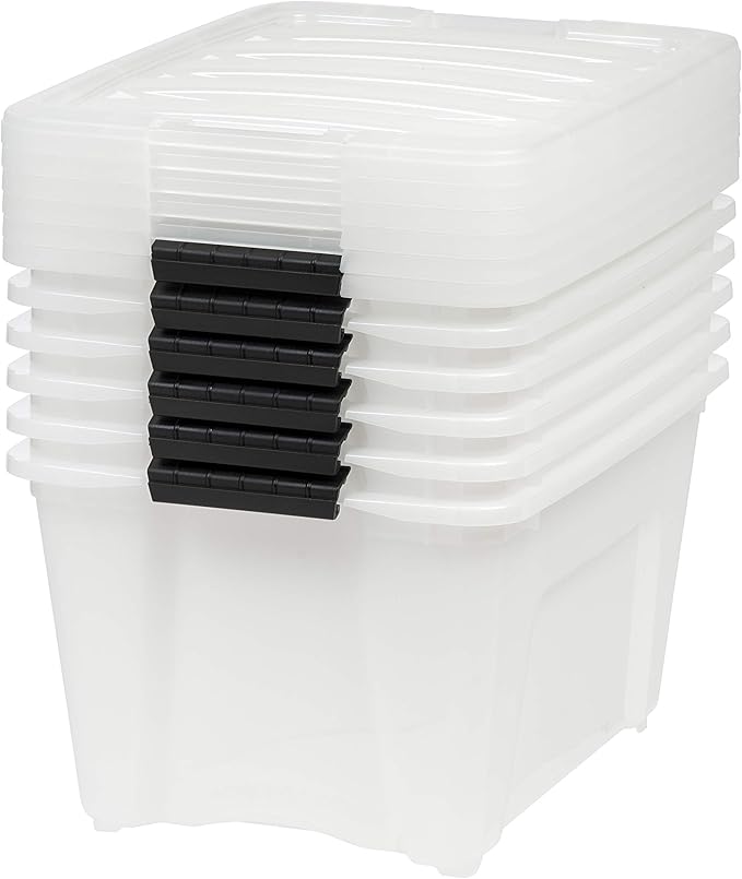 IRIS USA 32 Qt Stackable Plastic Storage Bins with Lids 6 Pack - BPA-Free Made in USA - Discreet Organizing Solution Latches Durable Nestable Containers Secure Pull Handle - Pearl