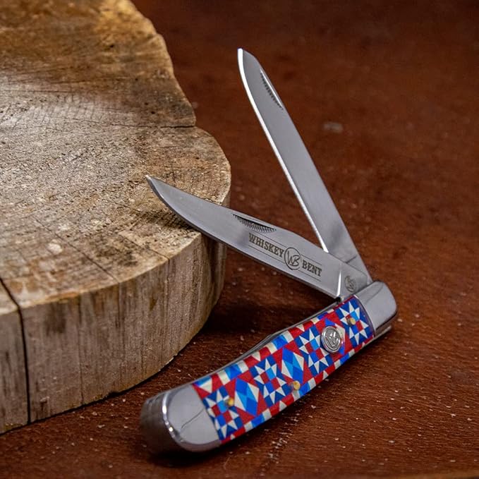 WHISKEY BENT HAT CO. Traditional Trapper Folding Pocket Knife 4.125 Closed Length 440C Stainless Steel Blades (Barn Art)
