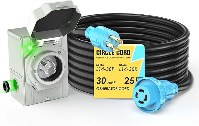 CircleCord 4 Prong 25 Feet 30 Amp Generator Extension Cord and Inlet Box with Locking Connector Heavy Duty NEMA L14-30P/L14-30R 125/250V 7500W 10 Gauge SJTW Generator to House Power Cord
