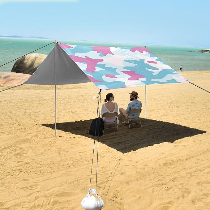 Sky Blue Foldable Beach Canopy UPF50+ Lightweight Portable Sun Shelter with Sandbags &amp Sand Shovel for Backyard and Camping