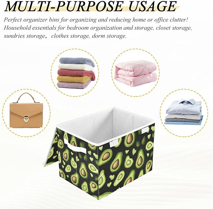 Collapsible Storage Bins with Lids Decorative Fabric Storage Cubes Closet Organizer and Storage Basket Boxes Containers for Clothes Box Chest Nursery Folding Rectangle Black Avocados Love