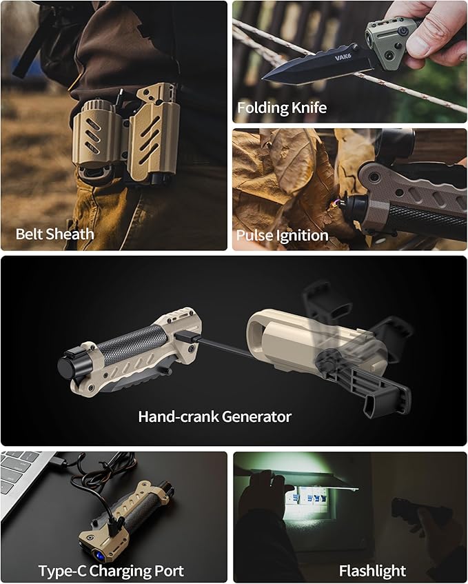 VIPERADE VAK6 Survival Multitool with Folding Knife LED Flashlight Pulse Ignition and Hand Crank Generator Camping Multitool Knife Rechargeable Flashlight with Belt Sheath