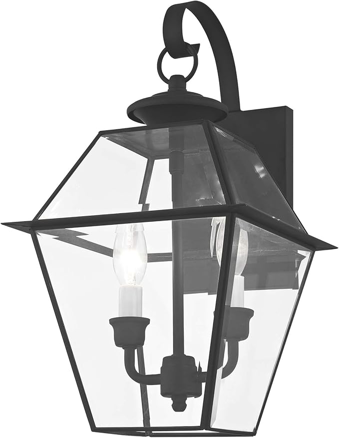 Livex Lighting 2281-04 Westover 2 Light Outdoor Black Finish Solid Brass Wall Lantern with Clear Beveled Glass