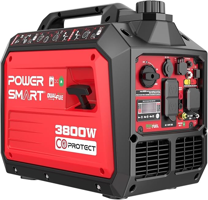 PowerSmart 3800 Watt Dual Fuel Inverter Generator Quiet Portable Gas Propane Powered with CO Sensor and RV Ready Outlet 149cc 4-Stroke OHV Engine for Home Backup Camping and Tailgating