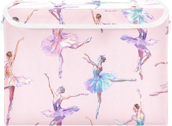 ALAZA Ballet Dance Pink Storage Bins Organizer Box Baskets Lidded Clothes for Shelves Closet Collapsible Stackable Storage Cubes Handles