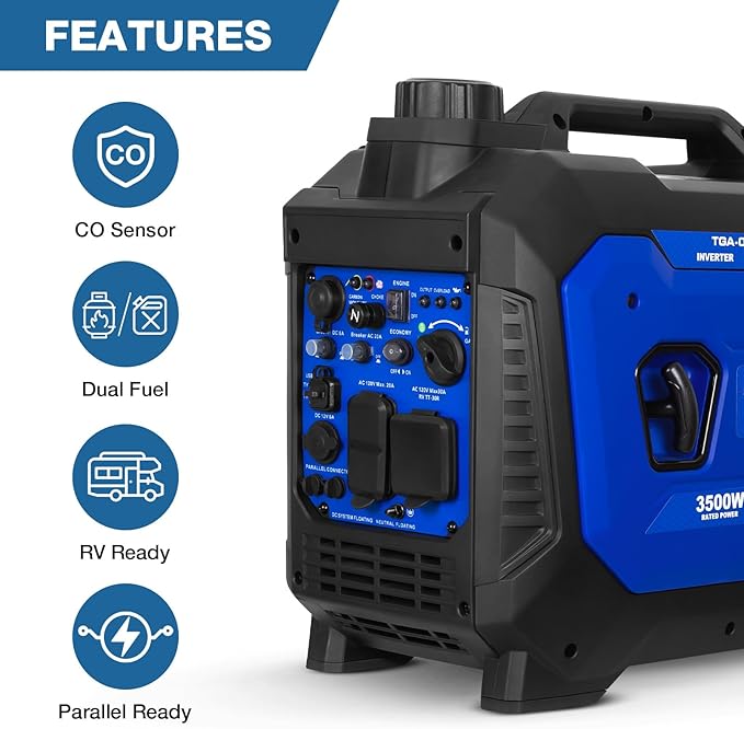 BILT HARD Ultra-Quiet 4500W Inverter Generator Dual Fuel (Gas/Propane) with CO Sensor 4-Cycle RV Ready &amp Parallel Capable for Home Backup and Camping