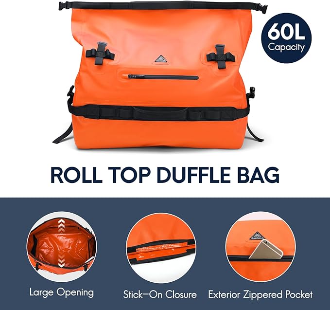 Haimont Large Waterproof Duffel Backpack Roll-Top Heavy Duty Dry Duffle Bag for Boating Travel Motorcycle Kayaking Camping 60L