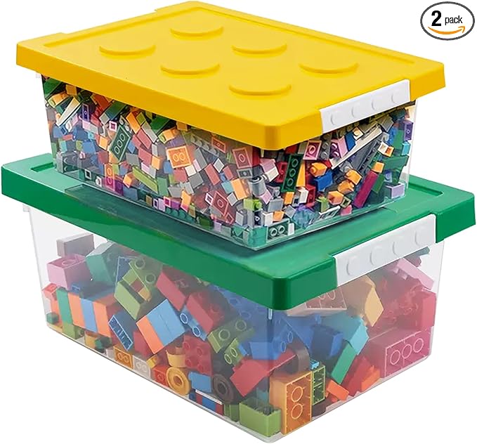loobuu Plastic Storage Bins with Lids - Stackable Toy Storage Organizer Box Set of 2 Toy Chests with Compatible Building Baseplate and Lid Storage Container for Building Bricks - Yellow+Green