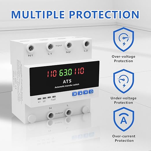 63A AC110V Automatic Transfer Switch with LED DisplayATS Dual Power Changeover Switch Over/Under Voltage &amp Overcurrent Protection 50/60Hz for Home Generatorwith Din Rail