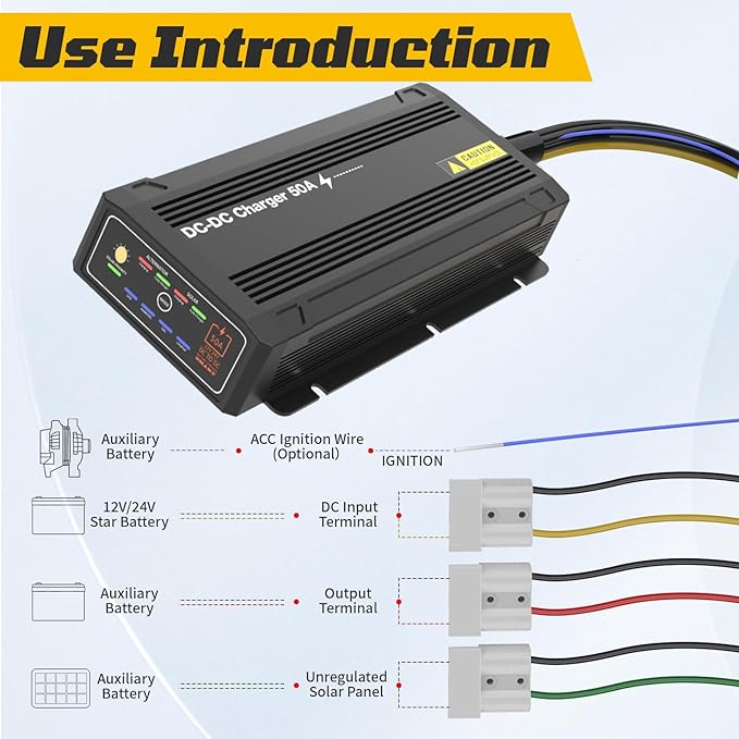 12V 50A DC to DC Charger with MPPT IP68 Waterproof Smart On-Board Battery Charger with Anderson Plug Solar and Alternator Dual Input Fits for LiFePO4 AGM STDGel Cal
