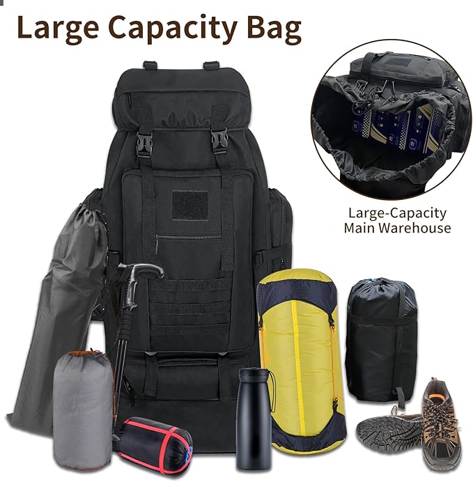 70L/100L Hiking Backpack with USB Charging Port Expandable Large Military Tactical Backpack Waterproof MOLLE Rucksack Travel Backpacking Daypack for Camping Climbing (Black)