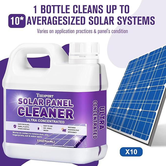 Teexpert Solar Panel Cleaner (32oz Makes 150 Gallons) Ultra Concentrated Glass &amp Solar Panel Cleaning Pro Quick Dry Streak-Free Remove Dirt Dust Droppings Fingerprints Oils &amp Water Spots