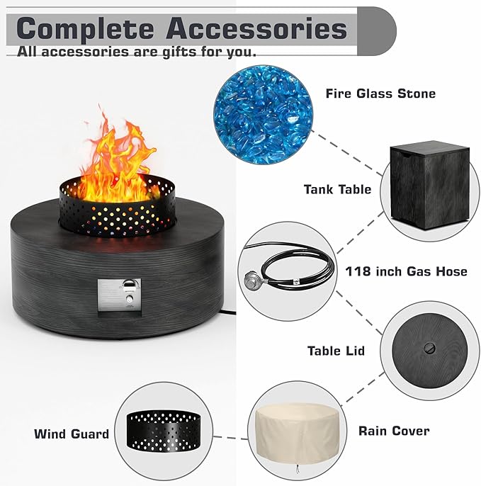 2-Piece 30 Round Propane Fire Pit for Outside Patio with Hidden Tank Table 50000 BTU Fireplaces with Wind Guard Lid Glass Rocks Cover(Wood Grain Ebony)