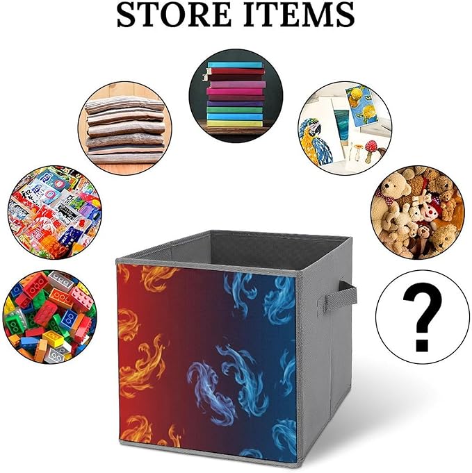 Fabric Storage Bins with Handles Yellow Blue Ice Fire Foldable Collapsible Cube Organizer for Shelves Multi-Purpose Box for Bedroom Living Room Closet