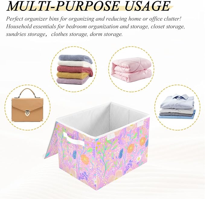 AIXIWAWA Lidded Storage Cube (Cartoon Florals) Fabric Foldable Closet Bins with Flip Lid and Handles Organizer Basket Container 16.5 x 12.6 x 11.8 IN