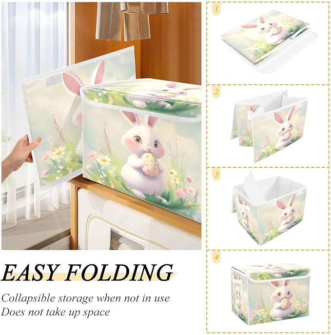 Christmas Storage Baskets with Lids Cute Rabbit Easter Collapsible Bins Stackable Fabric Linen Baskets Closet Organizer Container 16.5x12.6x11.8