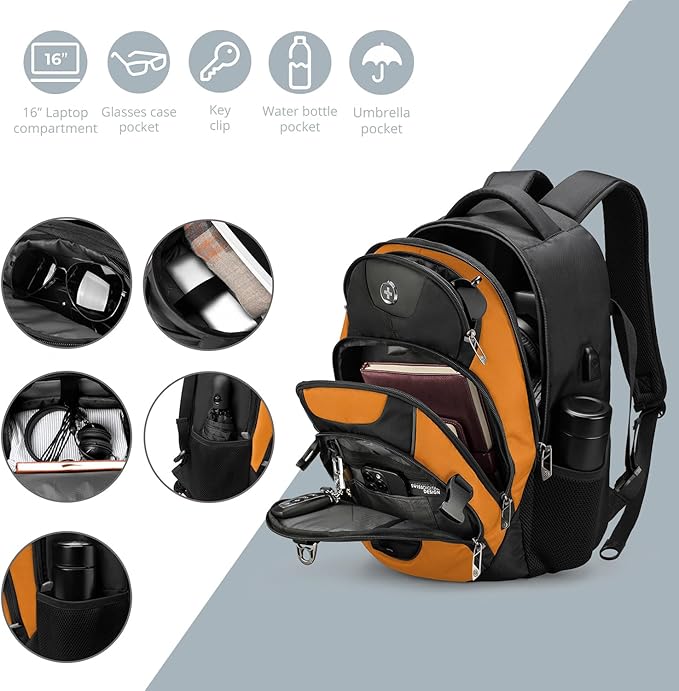 Swissdigital Design Laptop Backpack with USB Charging Port Travel Backpack Fits 15.6 inches Computer 31L College School Backpack for Men Orange/Black | SD803-66