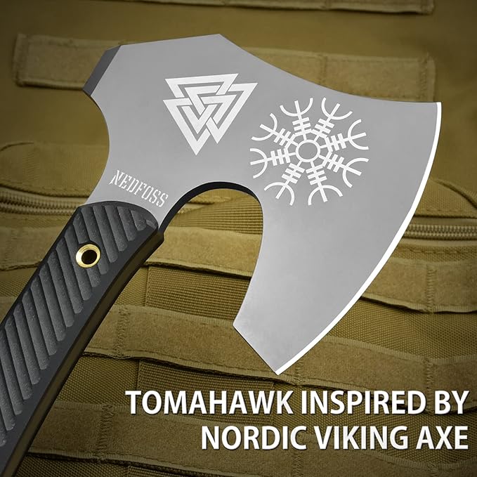 NedFoss 12.2 Tactical Tomahawk Axe with Leather Sheath G10 Handle Heavy Duty Full Tang Viking Axe with 4.3 Titanium Coated Blade Viking Bearded Tomahawk Hatchet for Outdoor Survival