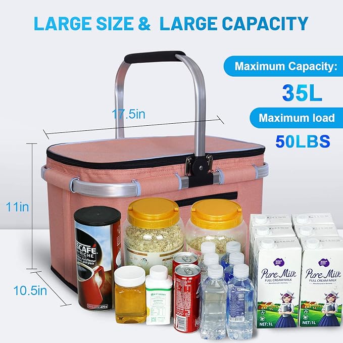 LIQING 35L Large Picnic Basket 2 Layers of Internal Pockets Leak-Proof and Insulated Folding with Internal Support for enhansed Stability Wedding Gifts for Couple(Salmon Color)