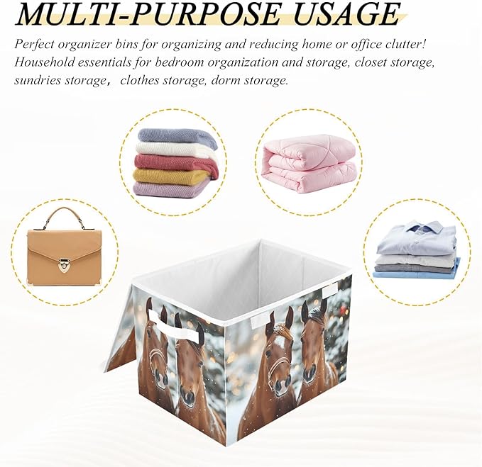 AIXIWAWA Lidded Storage Cube (Christmas Horses) Fabric Foldable Closet Bins with Flip Lid and Handles Organizer Basket Container 16.5 x 12.6 x 11.8 IN