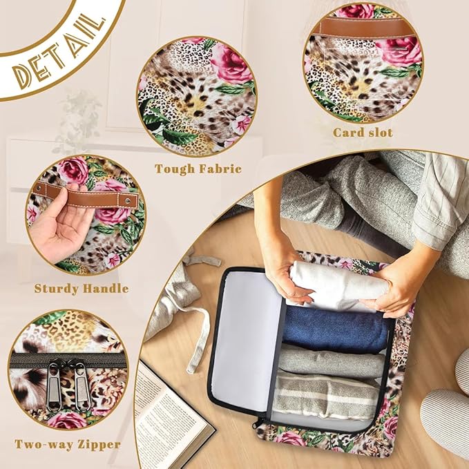 Clothes Storage Bins with Metal Frame Leopard Print Flower Storage Boxes with Zipper Lids Collapsible Cube Clothing Storage Bag with Leather Handle Closet Clothes Organizer Container