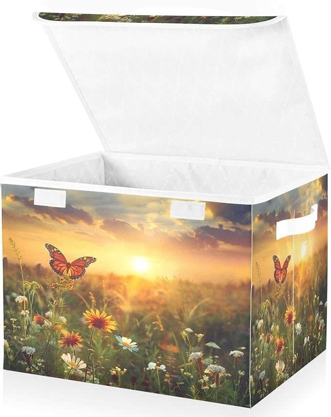 MNSRUU Containers Baskets with Lids Flower Butterfly Foldable Storage Bins Organizer with Lid Collapsible Storage Boxes for Home Bedroom Closet Office