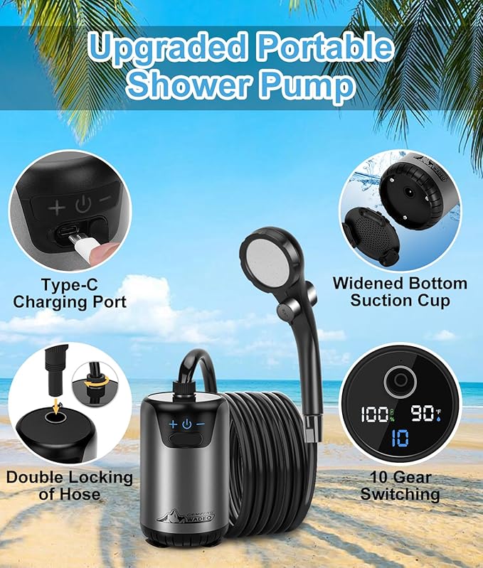 2026 Upgraded Portable Shower for Camping Rechargeable Camping Shower with Intelligent LED Display 10 Spray Modes IPX7 Waterproof Outdoor Camp Pump for Hiking Travel Car Pet