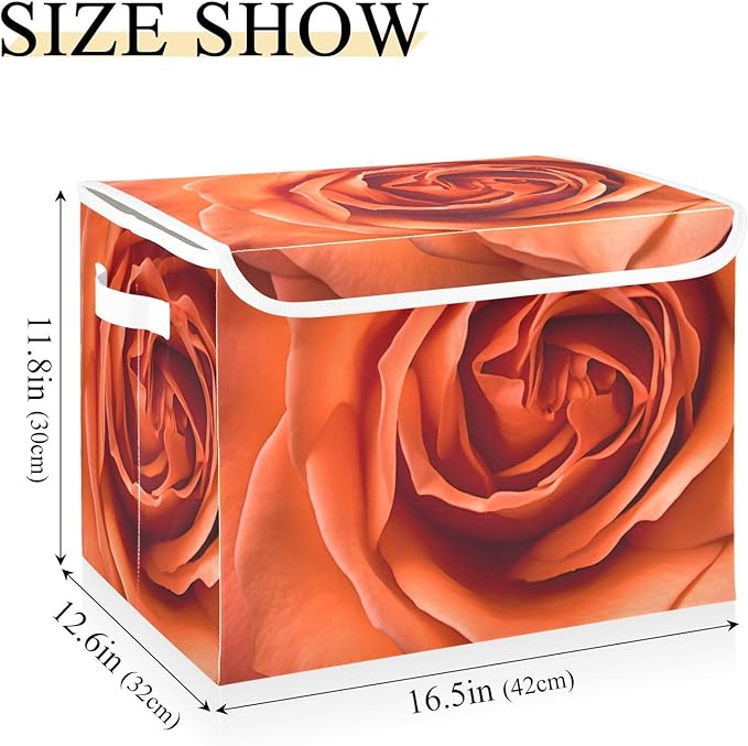 Close Red Floral Storage Cube with Lid Collapsible Flip-top locker Fabric Storage Bins Basket with Handle for Home Bedroom Closet Office 16.5×12.6×11.8 in