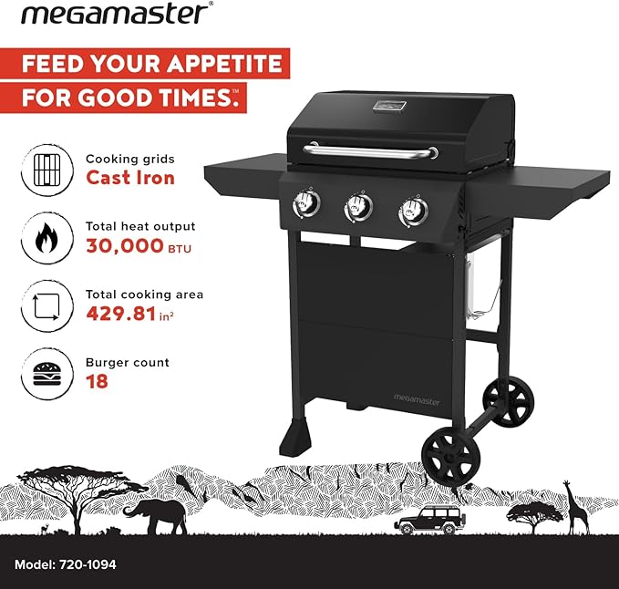 Megamaster 3-Burner Propane Gas Grill with Side Tables 30000BTUs 429.81 SQ. In. Cooking Space 2 Wheel Transport Outdoor Kitchen Grill for BBQs Backyards Tailgating and More - 720-1094