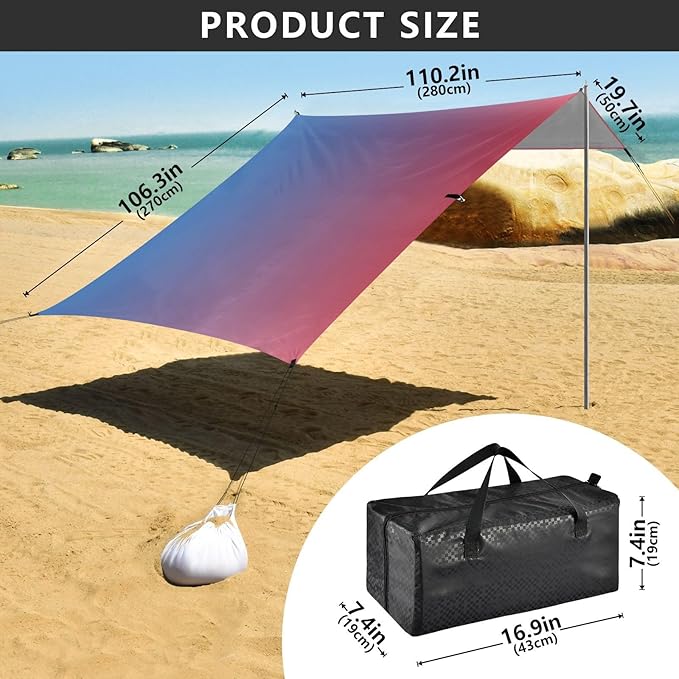 Blue Red Gradient Beach Tent &amp Canopy UPF50+ Protection Water-Resistant Large Sun Shelter with Sandbags Sand Shovel Poles for Camping Picnics Backyard