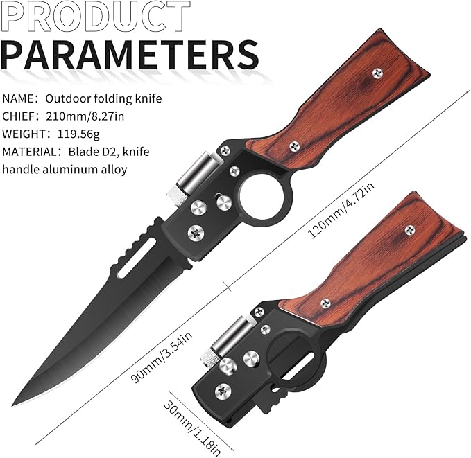 AK47 Style Tactical Folding Pocket Knife（Black） 6-Pack – Bulk Set with LED Light Wood Handle Laser Engraving Ready Best Man Gifts Outdoor Camping Hiking Gear for Groups (6)