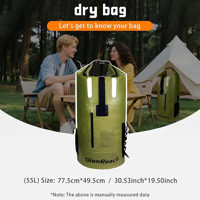 waterproof backpack 55L- Heavy Duty &amp Dirt Resistant Roll Top Sack Essential Gear for Kayaking Hiking Camping Beach Travel with 2L dry bag (Green 55L)