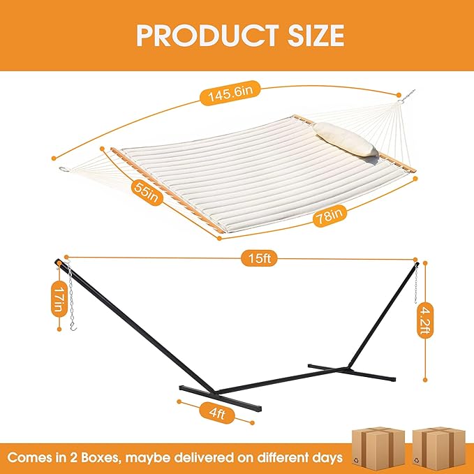 Lazy Daze Hammocks Double Quilted Hammock with Stand for Outside 15 FT Heavy Duty Steel Stand 2 Person Hammock for Porch Patio Garden Backyard Max 450 lbs Capacity Cream