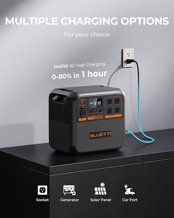 BLUETTI AC180P Portable Power Station 1440Wh LiFePO4 Battery Backup w/ 4 1800W (2700W Power Lifting) AC Outlets 0-80% in 45Min Solar Generator for Camping Off-grid Power Outage