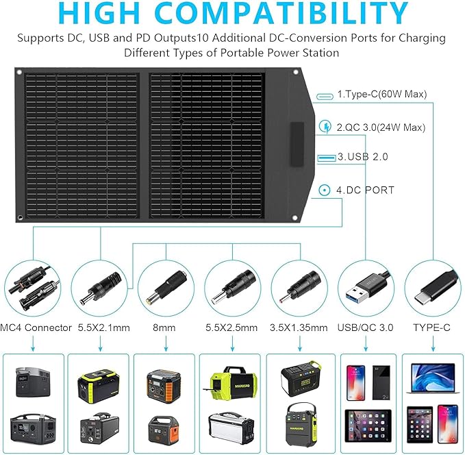 MARBERO 100W Portable Solar Panel 100 Watt Foldable Solar Panel for Power Station with USB &amp DC 18V Output(10 Connectors) 23% Conversion Efficiency IP68 Waterproof for Camping Outdoor Home Cloudy