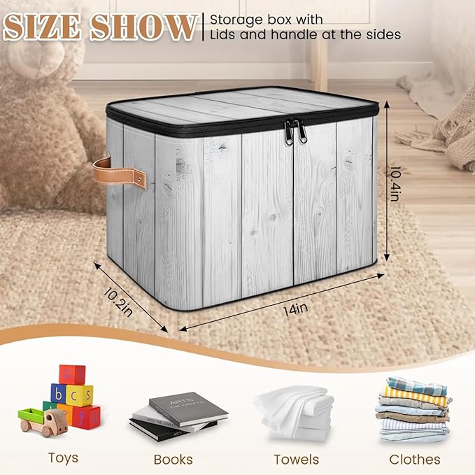 Storage Bins with Lids Wooden Texture Storage Basket Clothes Organizer with Handles Closet Storage Containers for Clothing Bedding Blanket